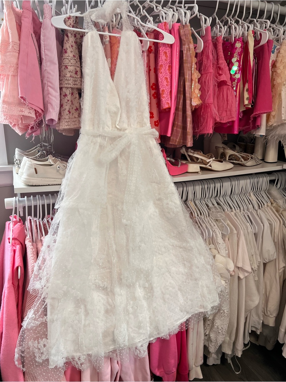 NWOT-White Lace V-Neck Tulle Midi Dress